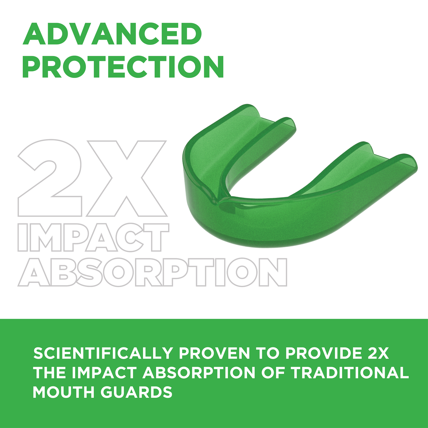 Advanced protection. Two times the impact absorption. Scientifically proven to provide two times the impact absorption of traditional mouth guards